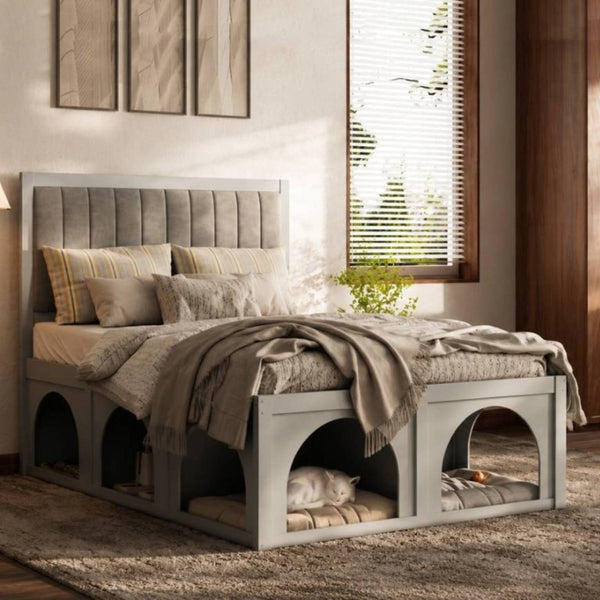 English Elm Full Upholstered Platform Bed with Pet Nook Channel Tufted Velvet Headboard Light Grey N820S00085E