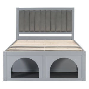 English Elm Full Upholstered Platform Bed with Pet Nook Channel Tufted Velvet Headboard Light Grey N820S00085E