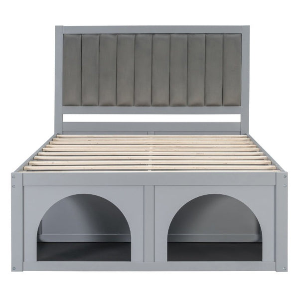 English Elm Full Upholstered Platform Bed with Pet Nook Channel Tufted Velvet Headboard Light Grey N820S00085E