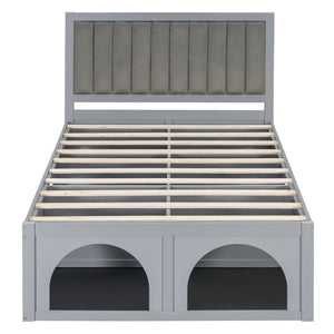 English Elm Full Upholstered Platform Bed with Pet Nook Channel Tufted Velvet Headboard Light Grey N820S00085E