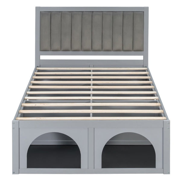 English Elm Full Upholstered Platform Bed with Pet Nook Channel Tufted Velvet Headboard Light Grey N820S00085E
