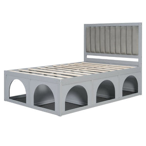 English Elm Full Upholstered Platform Bed with Pet Nook Channel Tufted Velvet Headboard Light Grey N820S00085E