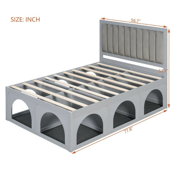 English Elm Full Upholstered Platform Bed with Pet Nook Channel Tufted Velvet Headboard Light Grey N820S00085E