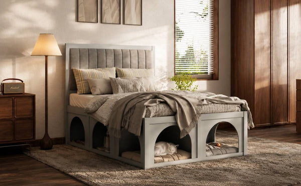English Elm Full Upholstered Platform Bed with Pet Nook Channel Tufted Velvet Headboard Light Grey N820S00085E