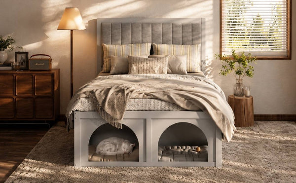English Elm Full Upholstered Platform Bed with Pet Nook Channel Tufted Velvet Headboard Light Grey N820S00085E
