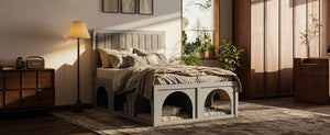English Elm Full Upholstered Platform Bed with Pet Nook Channel Tufted Velvet Headboard Light Grey N820S00085E