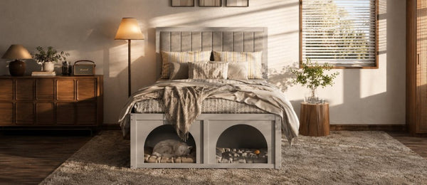 English Elm Full Upholstered Platform Bed with Pet Nook Channel Tufted Velvet Headboard Light Grey N820S00085E
