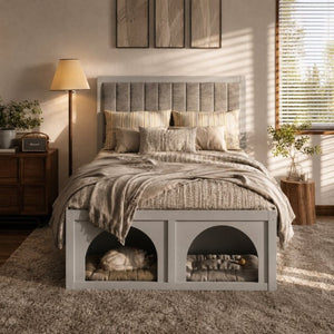 English Elm Full Upholstered Platform Bed with Pet Nook Channel Tufted Velvet Headboard Light Grey N820S00085E