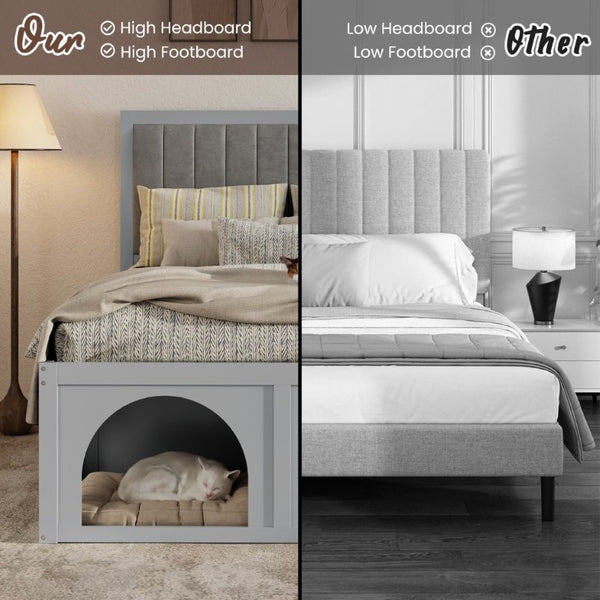 English Elm Full Upholstered Platform Bed with Pet Nook Channel Tufted Velvet Headboard Light Grey N820S00085E