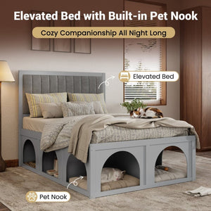 English Elm Full Upholstered Platform Bed with Pet Nook Channel Tufted Velvet Headboard Light Grey N820S00085E