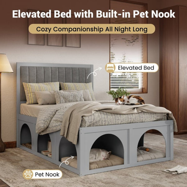 English Elm Full Upholstered Platform Bed with Pet Nook Channel Tufted Velvet Headboard Light Grey N820S00085E