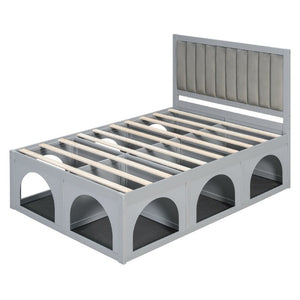 English Elm Full Upholstered Platform Bed with Pet Nook Channel Tufted Velvet Headboard Light Grey N820S00085E