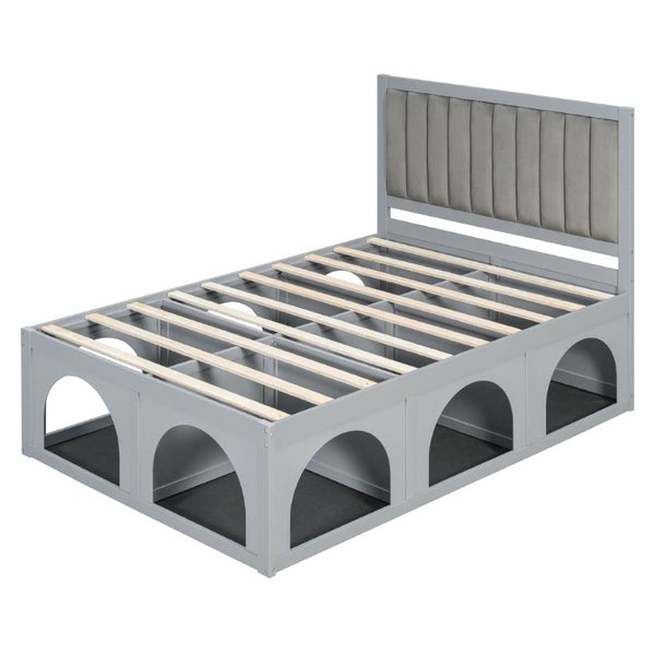 English Elm Full Upholstered Platform Bed with Pet Nook Channel Tufted Velvet Headboard Light Grey N820S00085E