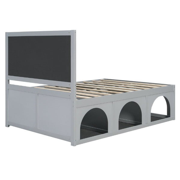 English Elm Full Upholstered Platform Bed with Pet Nook Channel Tufted Velvet Headboard Light Grey N820S00085E