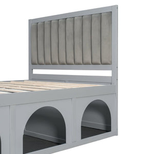 English Elm Full Upholstered Platform Bed with Pet Nook Channel Tufted Velvet Headboard Light Grey N820S00085E