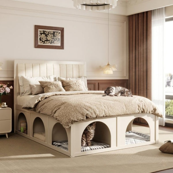 English Elm Queen Platform Bed with Pet Nook Arched Frame and Channel Tufted Velvet Headboard Beige N820S00086A