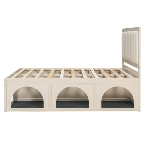 English Elm Queen Platform Bed with Pet Nook Arched Frame and Channel Tufted Velvet Headboard Beige N820S00086A