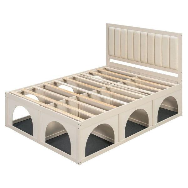 English Elm Queen Platform Bed with Pet Nook Arched Frame and Channel Tufted Velvet Headboard Beige N820S00086A