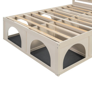 English Elm Queen Platform Bed with Pet Nook Arched Frame and Channel Tufted Velvet Headboard Beige N820S00086A
