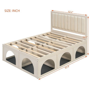 English Elm Queen Platform Bed with Pet Nook Arched Frame and Channel Tufted Velvet Headboard Beige N820S00086A