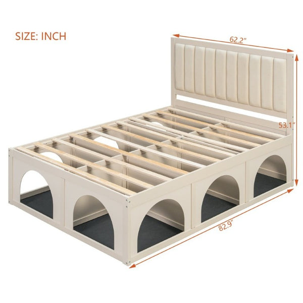 English Elm Queen Platform Bed with Pet Nook Arched Frame and Channel Tufted Velvet Headboard Beige N820S00086A
