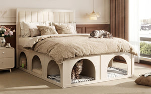 English Elm Queen Platform Bed with Pet Nook Arched Frame and Channel Tufted Velvet Headboard Beige N820S00086A