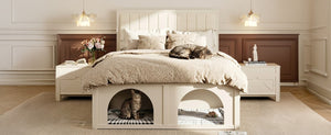 English Elm Queen Platform Bed with Pet Nook Arched Frame and Channel Tufted Velvet Headboard Beige N820S00086A