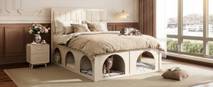 English Elm Queen Platform Bed with Pet Nook Arched Frame and Channel Tufted Velvet Headboard Beige N820S00086A