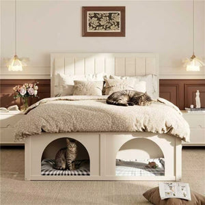 English Elm Queen Platform Bed with Pet Nook Arched Frame and Channel Tufted Velvet Headboard Beige N820S00086A