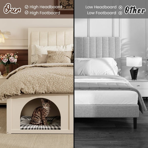 English Elm Queen Platform Bed with Pet Nook Arched Frame and Channel Tufted Velvet Headboard Beige N820S00086A