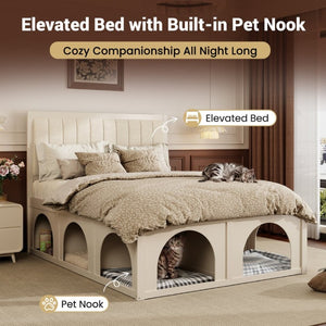 English Elm Queen Platform Bed with Pet Nook Arched Frame and Channel Tufted Velvet Headboard Beige N820S00086A