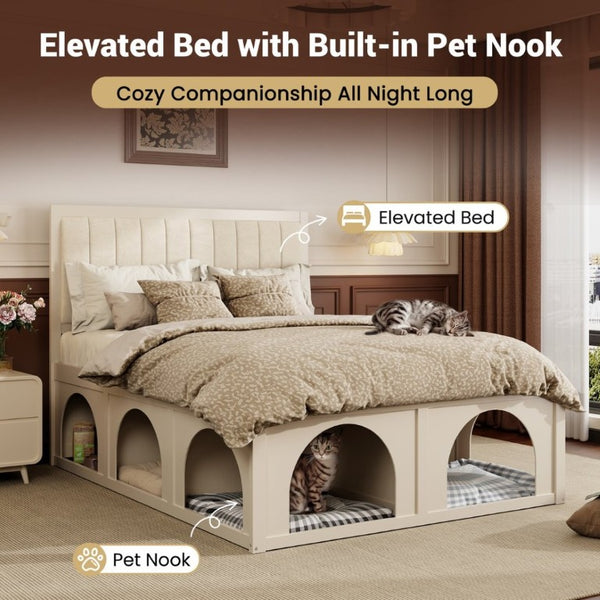 English Elm Queen Platform Bed with Pet Nook Arched Frame and Channel Tufted Velvet Headboard Beige N820S00086A