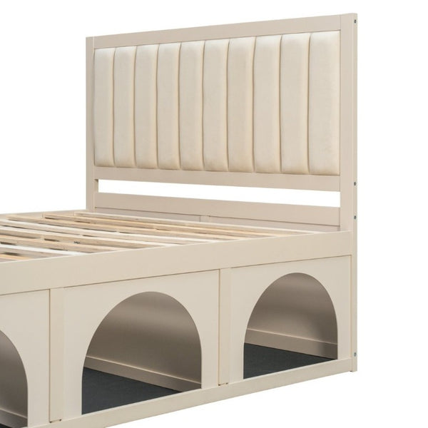 English Elm Queen Platform Bed with Pet Nook Arched Frame and Channel Tufted Velvet Headboard Beige N820S00086A
