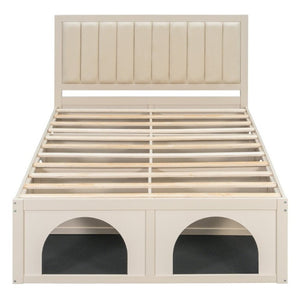 English Elm Queen Platform Bed with Pet Nook Arched Frame and Channel Tufted Velvet Headboard Beige N820S00086A