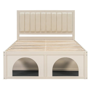 English Elm Queen Platform Bed with Pet Nook Arched Frame and Channel Tufted Velvet Headboard Beige N820S00086A