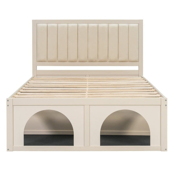 English Elm Queen Platform Bed with Pet Nook Arched Frame and Channel Tufted Velvet Headboard Beige N820S00086A