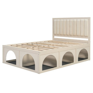 English Elm Queen Platform Bed with Pet Nook Arched Frame and Channel Tufted Velvet Headboard Beige N820S00086A