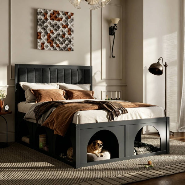 English Elm Queen Platform Bed with Pet Nook Arched Frame and Channel Tufted Velvet Headboard Black N820S00086B