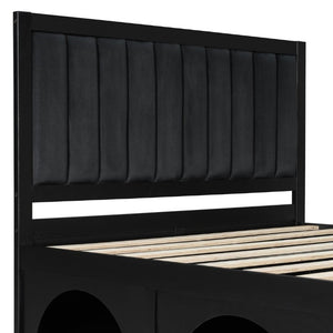 English Elm Queen Platform Bed with Pet Nook Arched Frame and Channel Tufted Velvet Headboard Black N820S00086B