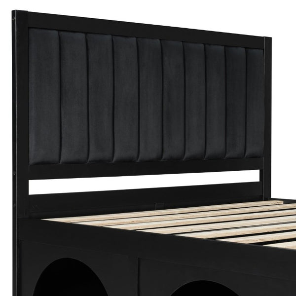 English Elm Queen Platform Bed with Pet Nook Arched Frame and Channel Tufted Velvet Headboard Black N820S00086B