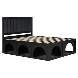 English Elm Queen Platform Bed with Pet Nook Arched Frame and Channel Tufted Velvet Headboard Black N820S00086B