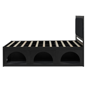 English Elm Queen Platform Bed with Pet Nook Arched Frame and Channel Tufted Velvet Headboard Black N820S00086B