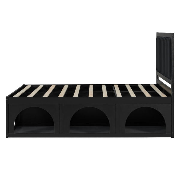 English Elm Queen Platform Bed with Pet Nook Arched Frame and Channel Tufted Velvet Headboard Black N820S00086B
