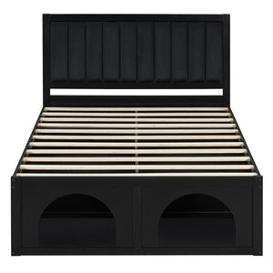 English Elm Queen Platform Bed with Pet Nook Arched Frame and Channel Tufted Velvet Headboard Black N820S00086B