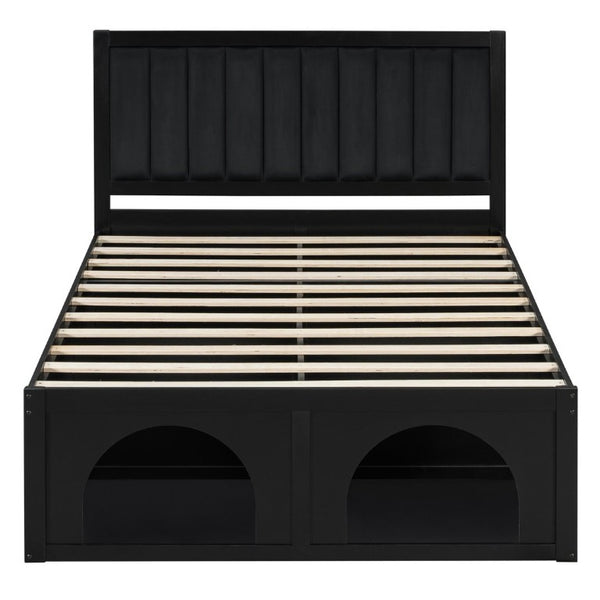 English Elm Queen Platform Bed with Pet Nook Arched Frame and Channel Tufted Velvet Headboard Black N820S00086B