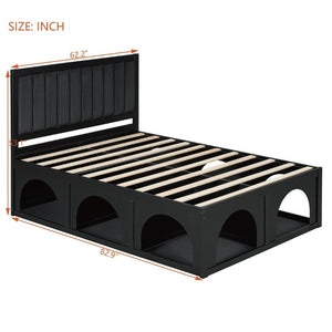 English Elm Queen Platform Bed with Pet Nook Arched Frame and Channel Tufted Velvet Headboard Black N820S00086B