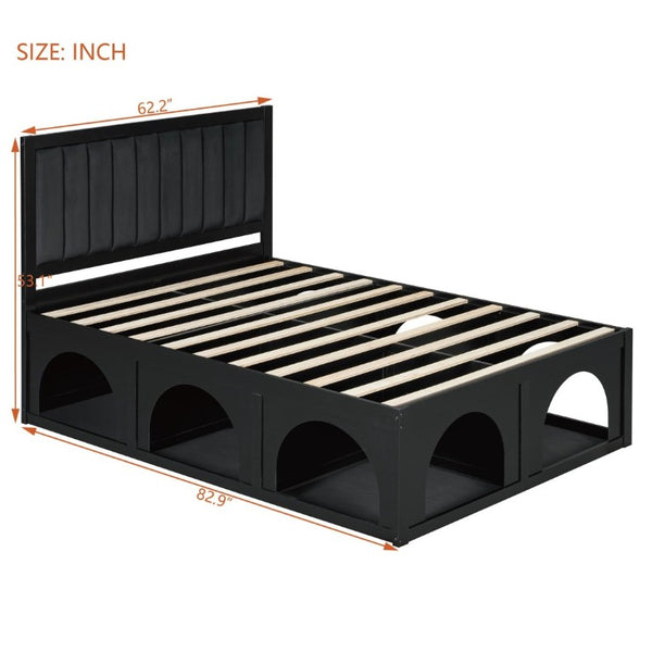English Elm Queen Platform Bed with Pet Nook Arched Frame and Channel Tufted Velvet Headboard Black N820S00086B
