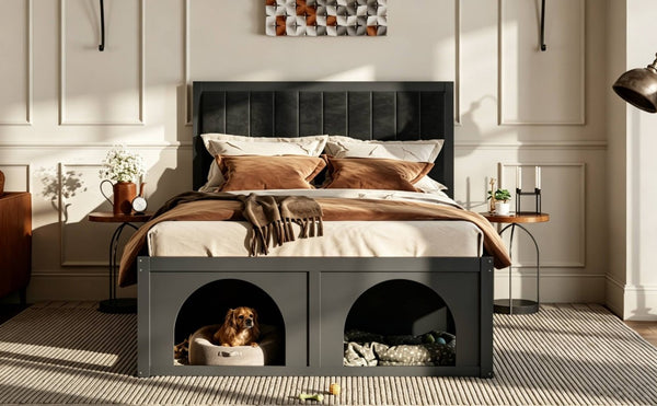 English Elm Queen Platform Bed with Pet Nook Arched Frame and Channel Tufted Velvet Headboard Black N820S00086B