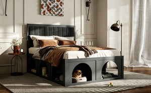 English Elm Queen Platform Bed with Pet Nook Arched Frame and Channel Tufted Velvet Headboard Black N820S00086B