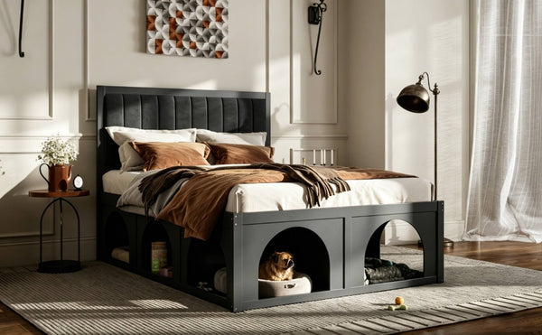 English Elm Queen Platform Bed with Pet Nook Arched Frame and Channel Tufted Velvet Headboard Black N820S00086B